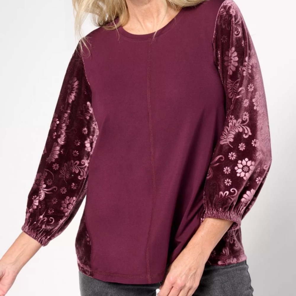 LOGO by Lori Goldstein Velour Knit Top Small Purple Mulled Wine A667534 NWOT